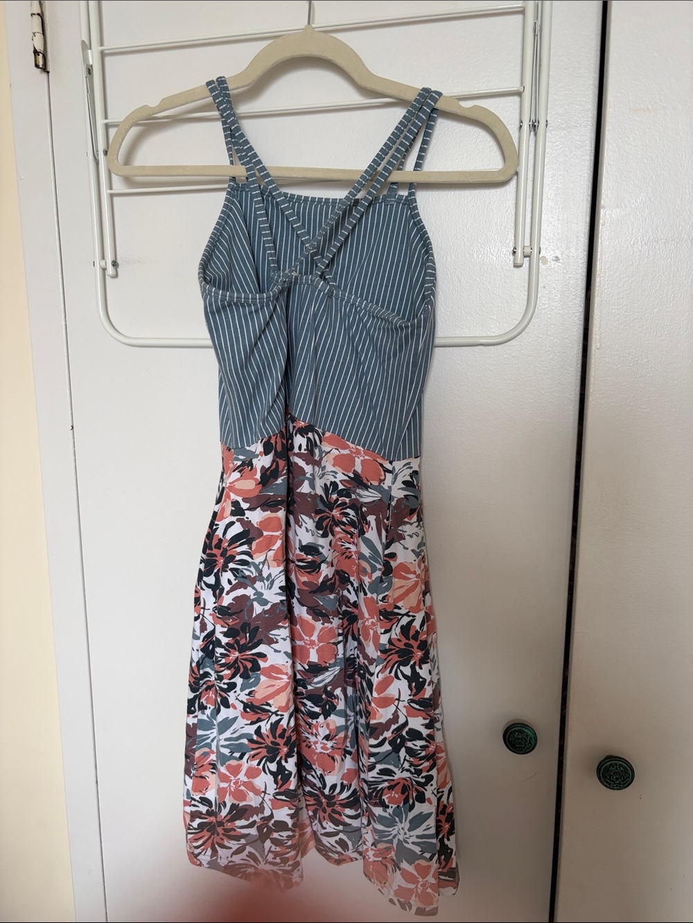 Pact Striped Teal Top with Coral and Brown Floral Skirt Mini Dress - Picture 4 of 4
